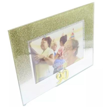 90th Birthday Photo Frame 14 CM Golden Glitter Home Decor Picture Freestanding