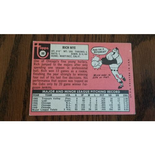 1969 Topps Card # 088 Rich Nye Very Good (3) Chicago Cubs