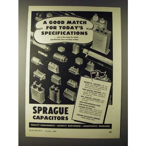 1943 Sprague Capacitors Ad - A good match for today's specifications
