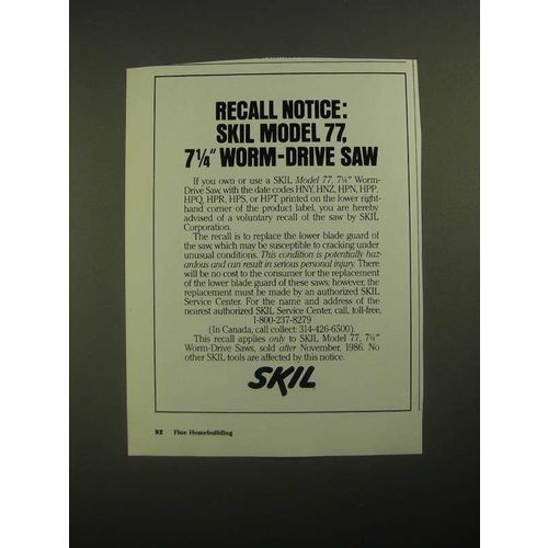 1987 Skil Model 77 Worm-drive saw Ad - Recall Notice