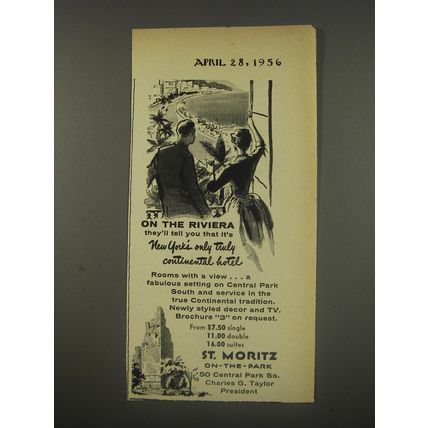 1956 St. Moritz On-The-Park Hotel Ad - On the Riviera they'll tell you