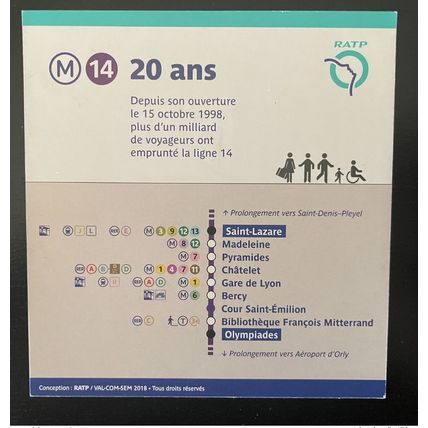 France 2018 Collector RATP Métro Paris 20 ans ligne M 14 1998 - 2018 MNH**