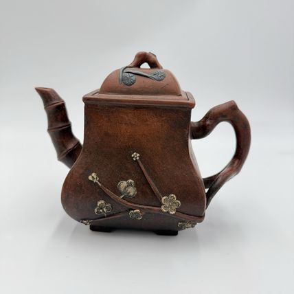 Antique Yixing Zisha Clay Teapot pottery terracota bamboo cherry blossom Design