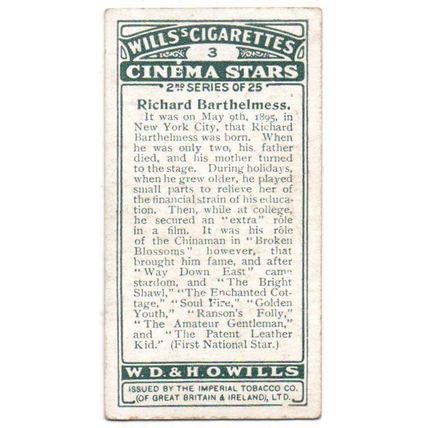 WILLS CIGARETTE CARD CINEMA STARS 2nd. SERIES 1928 No.3 RICHARD BARTHELMESS