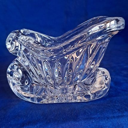 Christmas Santa SLEIGH Lead Crystal CANDLE HOLDER Clear Glass Votive Candy Dish
