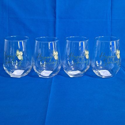 Royal Norfolk BLUE HYDRANGEA Stemless Wine Glasses "Happy Spring" Butterfly