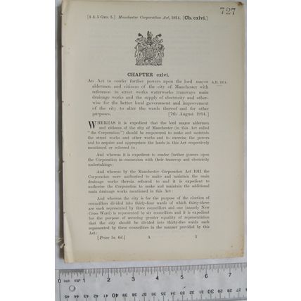 1914 Act of Parliament: improvements Manchester waterworks, trams. drainage elec