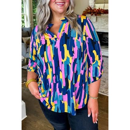 Blue Plus Size Brushstroke Print 3/4 Sleeve Blouse
