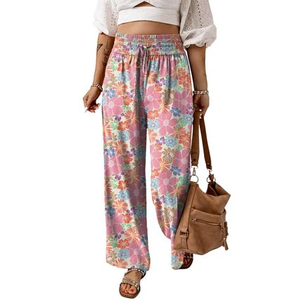 Pink Floral Smocked Waist Loose Pants