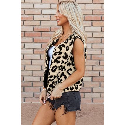 Black Leopard Print Sherpa Vest Coat