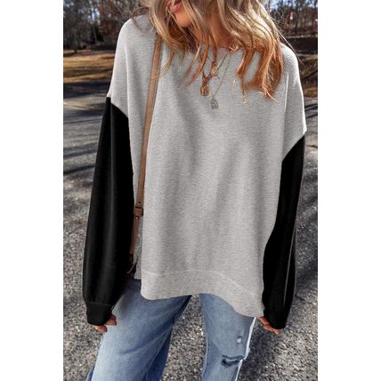 Gray Two Tone Patchwork Drop Shoulder Pullover Sweatshirt