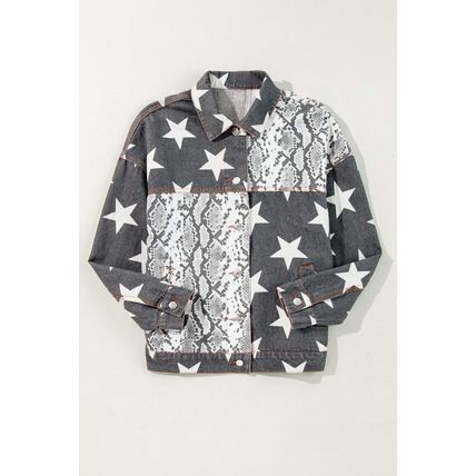Black Star Snakeskin Printed Patchwork Denim Jacket