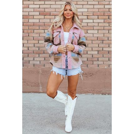 Pink Western Aztec Print Sherpa Splicing Buttoned Flap Pocket Coat
