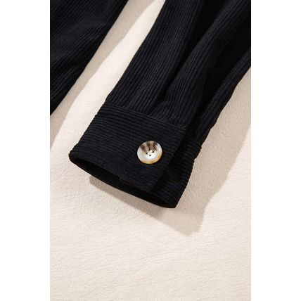 Black Hooded Drawstring Pockets Corduroy Shacket