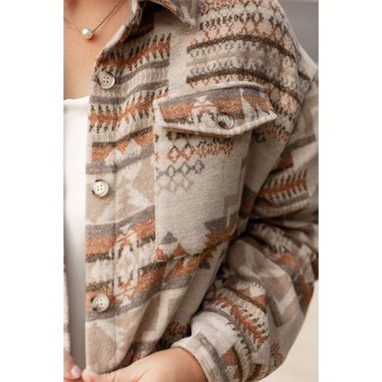White Aztec Geometric Print Pockets Plus Size Jacket