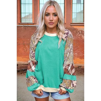 Aruba Blue Plaid Vintage Paisley Patchwork Long Sleeve Raglan Top