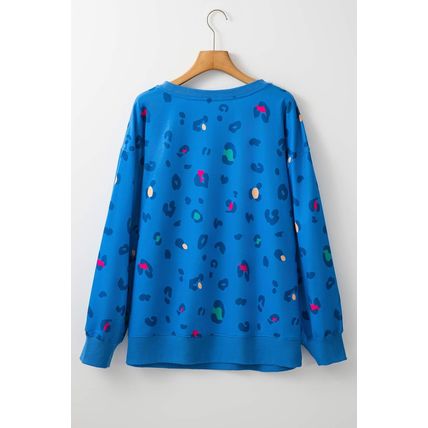 Sky Blue Leopard Ribbed Edge Drop Shoulder Pullover Sweatshirt