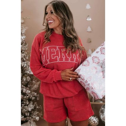Racing Red MERRY Ribbed Knit Long Sleeve Lace-up Waist Plus Size Set