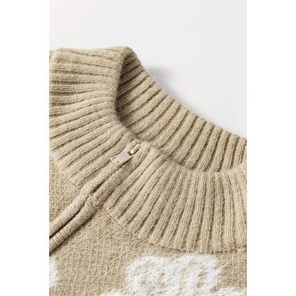 Khaki Floral Pattern Half Zip Drop Shoulder Sweater