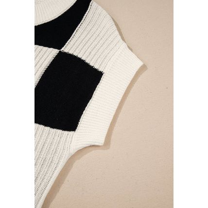 Black Checkered Color Block Crew Neck Short Sleeve Sweater