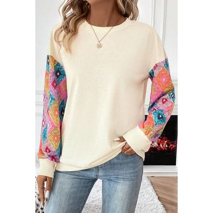 Apricot Geometric Printed Patchwork Long Sleeve Round Neck Top