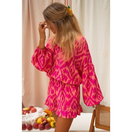 Rose Western Aztec Geometric Print Top and Ruffled Shorts Set