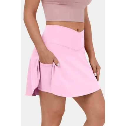 Pink Solid Pocketed Crossover High Waist Swim Skort