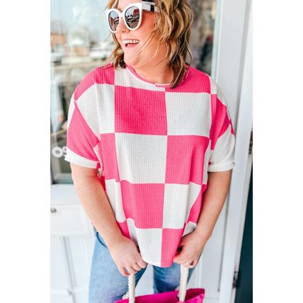 White Textured Checkerboard Round Neck Plus Size T Shirt