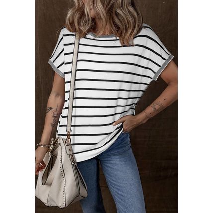 White Stripe Knitted Bat Sleeve T Shirt
