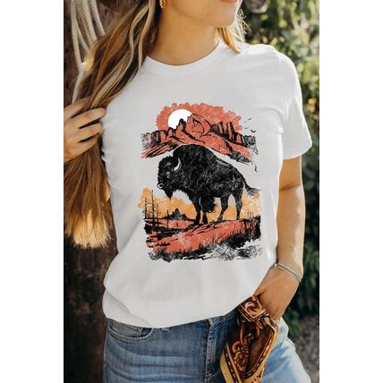 White Western Buffalo On Plains Graphic Crew Neck Tee