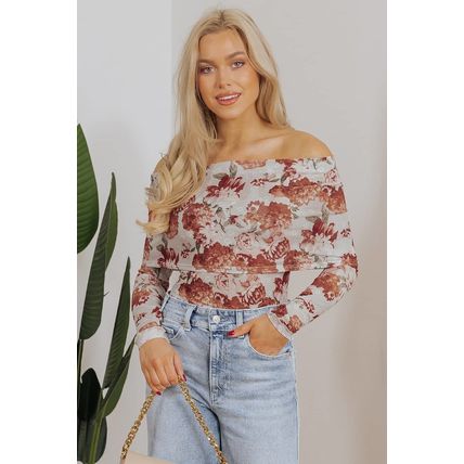 Pink Floral Printed Long Sleeve Sheath Bodysuit