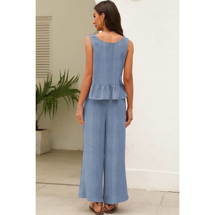 Beau Blue Solid Color Ribbed Ruffle Tank Top and Pants Set
