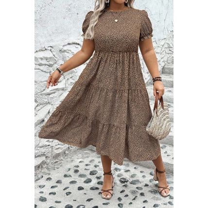 Brown Plus Size Leopard Print Frill Trim Short Sleeve Flared Dress