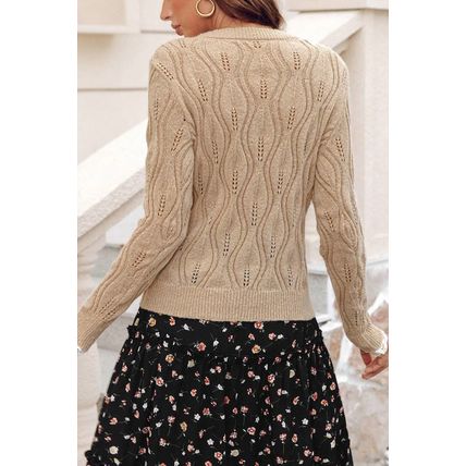 Smoke Gray Pearl Beaded Pointelle Knit V Neck Lace Patchwork Sleeve Sweater