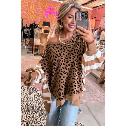 Khaki Stripe Color Block Patchwork Leopard Casual Sweatshirt with Slits