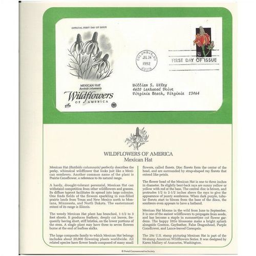 WILDFLOWERS OF AMERICA : MEXICAN HAT 'OFFICIAL FIRST DAY of ISSUE ' (1992)