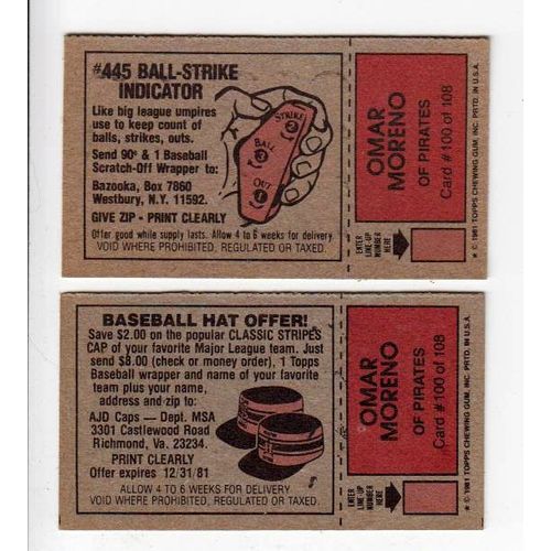 Both 1981 Topps Scratch-Off Variations Omar Moreno #100 cards –Scratchoffs