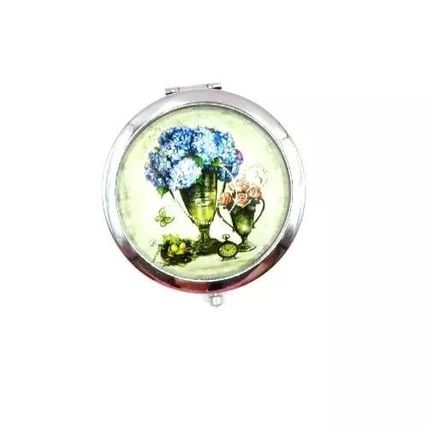 Floral Compat Mirror Silverl Coloured Rim Blue Hydrangea Gift Beauty Ladies
