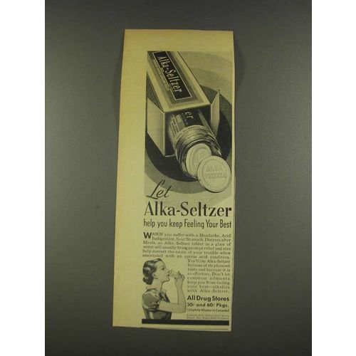 1937 Alka-Seltzer Medicine Ad - Keep Feeling Your Best