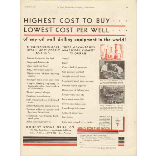 DOHENY STONE DRILL COMPANY 1930 lowest cost per well oil vintage ad