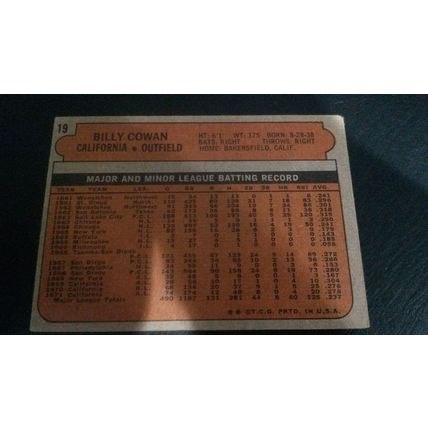 1972 Topps Card # 019 Billy Cowan Very Good (3) California Angels