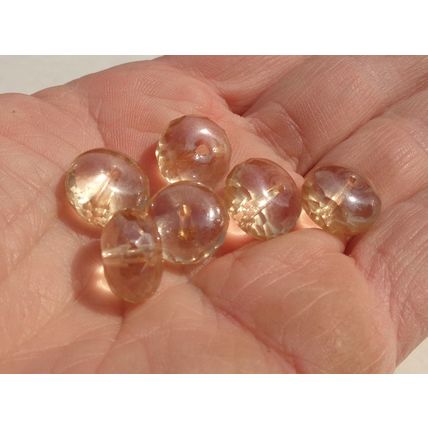 6 Fat Saucer Glass Beads 13mm x 9mm Faceted Edges Chapagne Tinted Rondelle 087