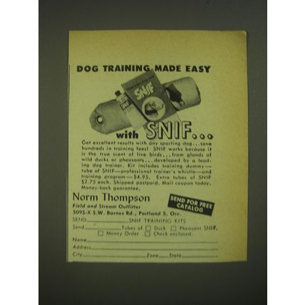 1952 Norm Thompson SNIF Training Kits Ad - Dog training made easy