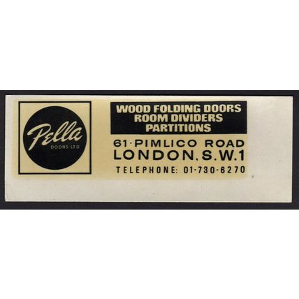 c1950s Pella Doors, Pimlico Road, London water-slip transfer label