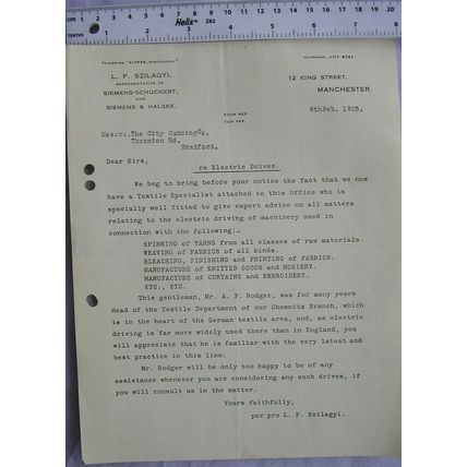 1925 letter L. F. Szilagyi, Manchester