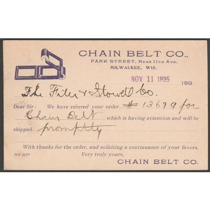 Chain Belt Co to Filer & Stowell, Milwaukee, 1895 - Governmental Postal Card