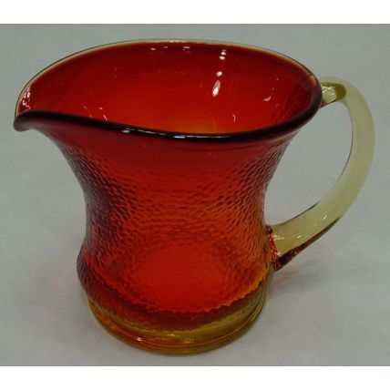 Vintage Hand Blown Crackle Glass Amberina Mini Pitcher Creamer Applied Handle 3"