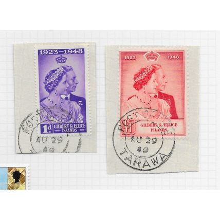 GILBERT & ELLICE ISLANDS 1948 SILVER WEDDING SET USED SG58 SG57 TARAWA PMK PIECE