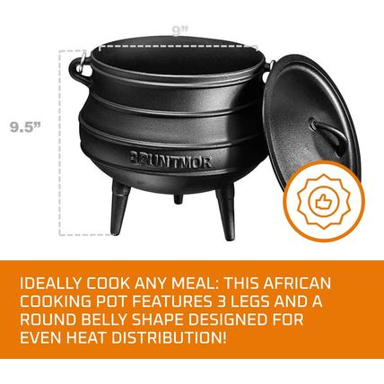 Bruntmor Pre-Seasoned Cast Iron Cauldron - 6 Quart African Potjie Pot with Lid -