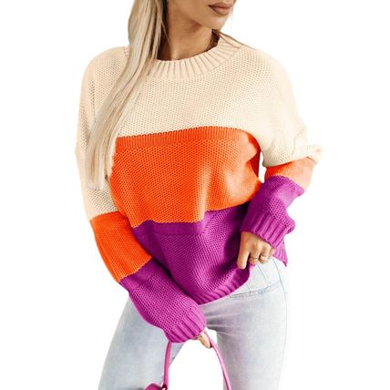 Multicolor Color Block Drop Shoulder Round Neck Knit Sweater